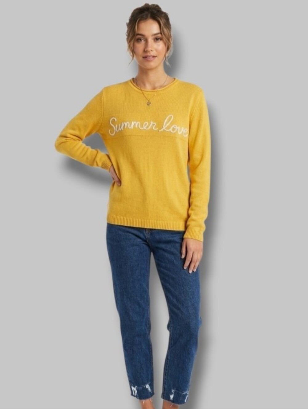 Imperial Women's Yellow Knit "Summer Love" Scripted Crewneck Sweater